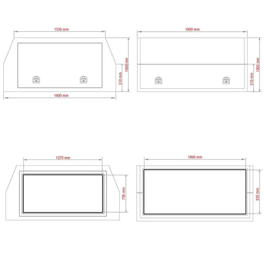 Dimensioned Elevation Drawings of 3 Door Dual Cab Gull Wing Ute Canopy 1,800 long x 1000 mm high