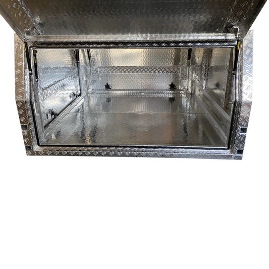 Ute Tray Dual Cab Canopy Aluminium Checker Plate 1,800 mm long x 1000 mm high with side door open - interior view