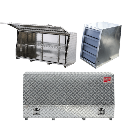 Closed and Open Aluminium Ute Tool Box and Set of Four Drawers