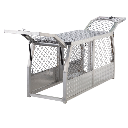 Aluminium dog cage at an angle both doors open