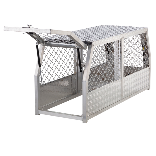 Aluminium Ute dog cage at an angle closest door open