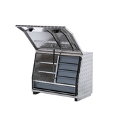 Aluminium 5 Drawer Toolbox - 960mm x 505mm x 705mm Open Door Perspective View showing interior drawers and shelves